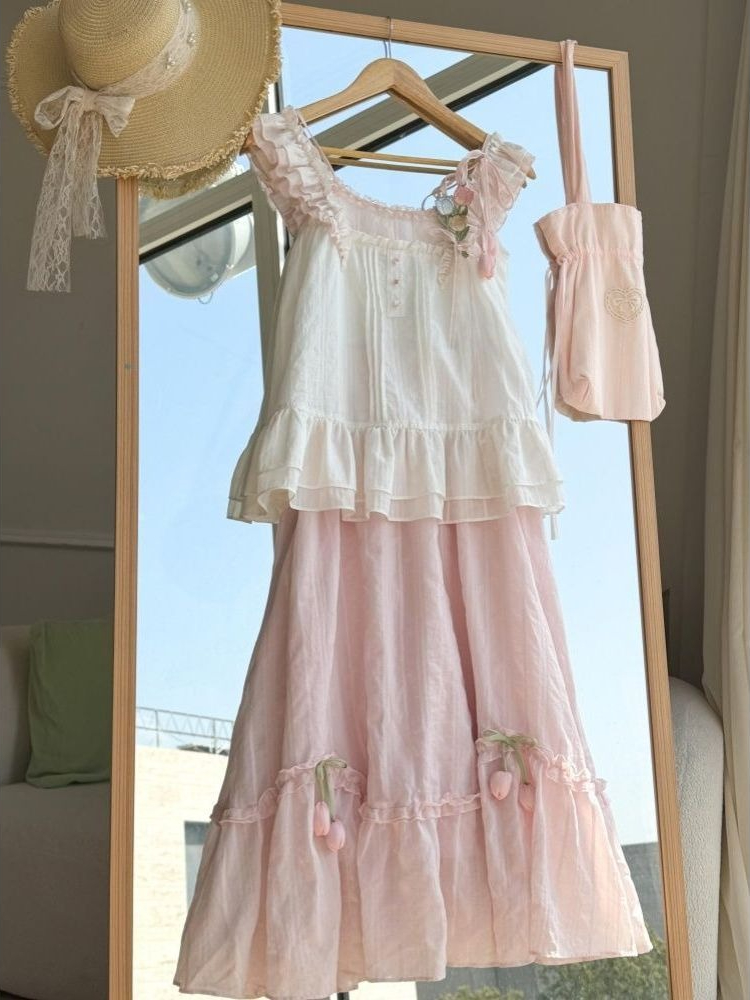 Cami Top Lace - Sweet Kawaii Ruffle Trim 튤립 장식